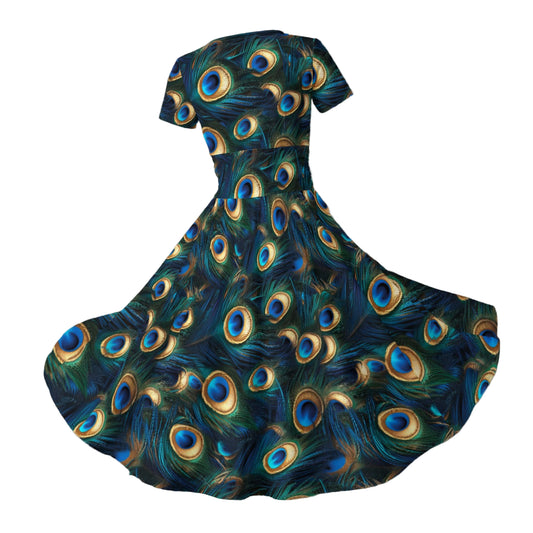Animal Print - Peacock - Women's V-Neck Ruched Midi Dress