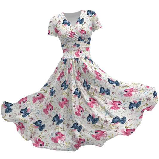 Blue Alien & Pink Friend Love - Women's V-Neck Ruched Midi Dress