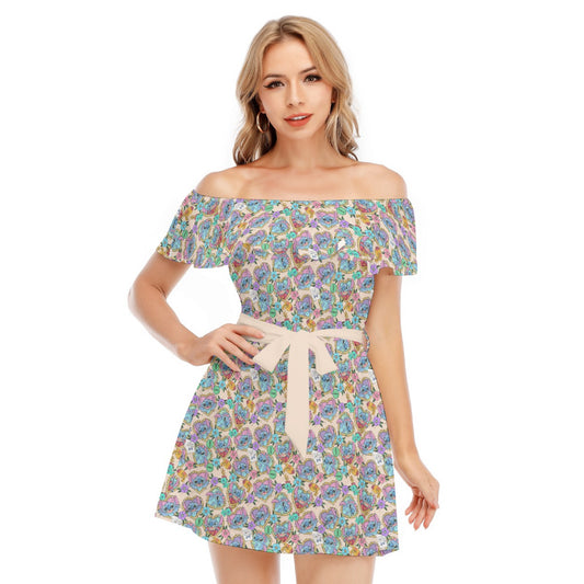 Tattoo Hearts Island Mischief - Women's Off-shoulder Ruffle Dress