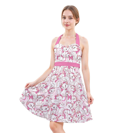 Sweet Kitten with Pink Bow - Women's Halter Vintage Pocket Dress