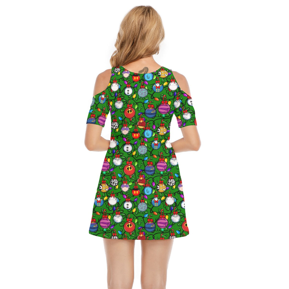 Festive Character Baubles on Green - Women's Cold Shoulder Cotton Dress