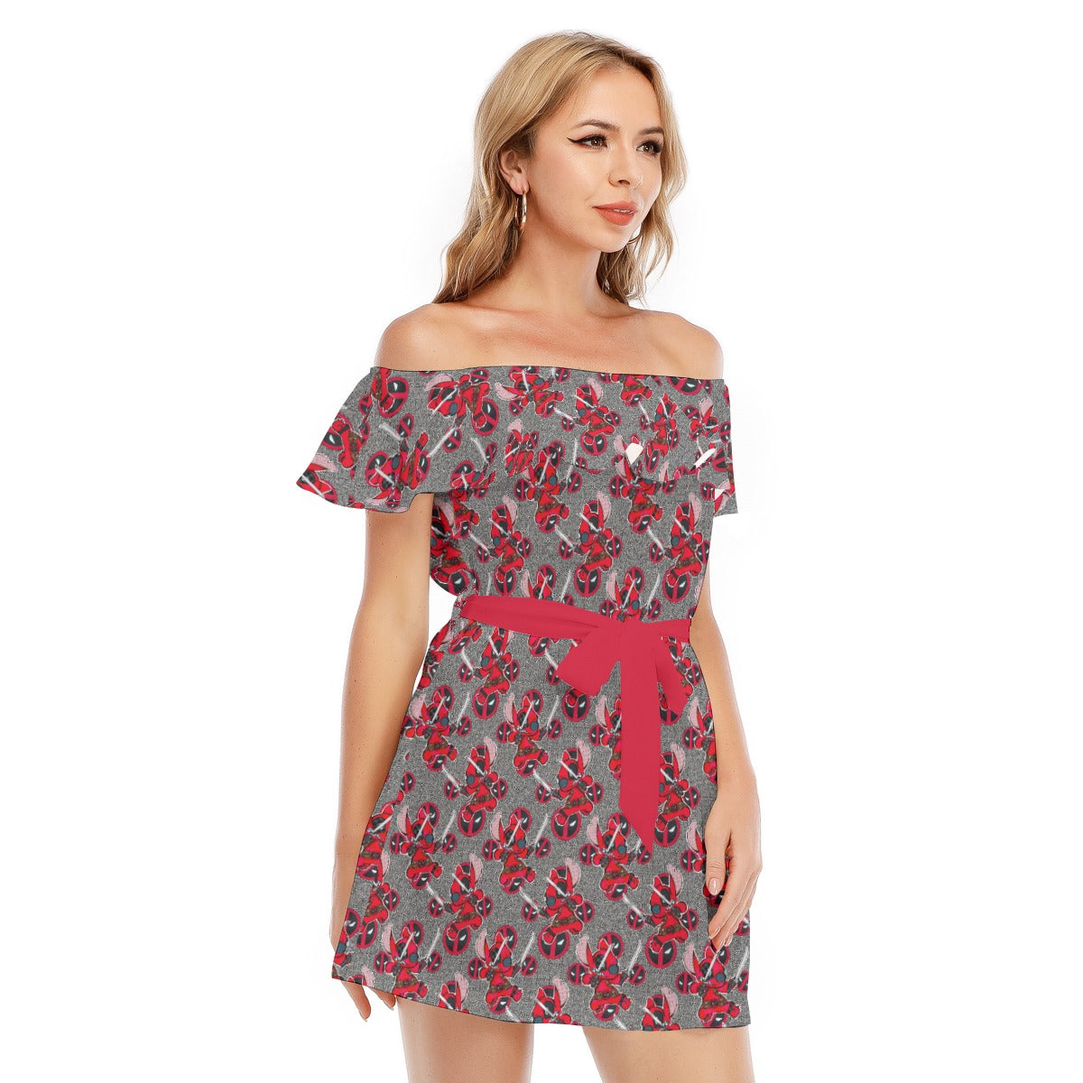 Superhero Stitch - Red Masked Hero - Women's Off-shoulder Ruffle Dress