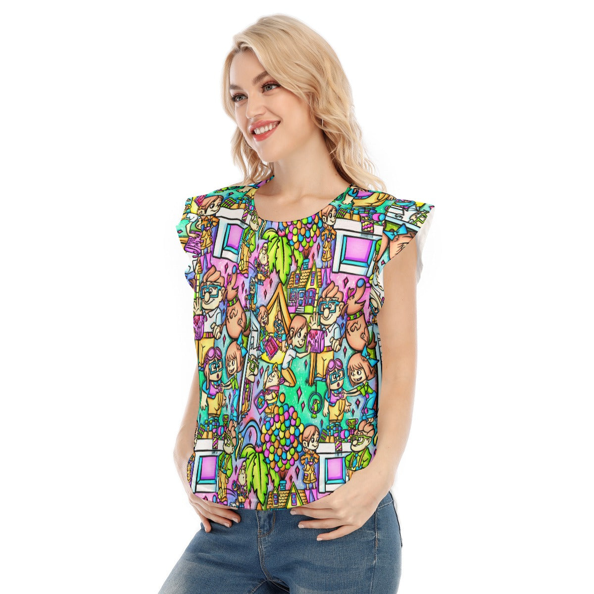 Balloon House Adventure Scenes - Women’s Flutter Sleeve Top