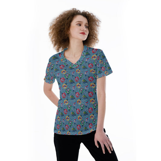 Holiday Baubles with Mischievous Blue Alien - Women's Short Sleeve V-Neck T-Shirt