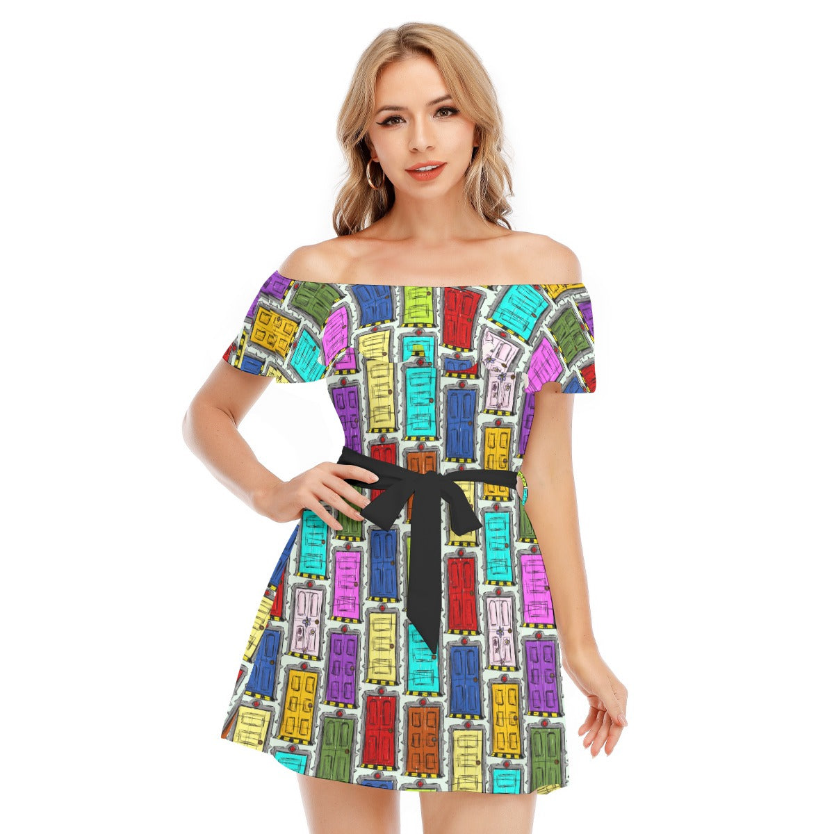 Sketchy Scare Doors - Women's Off-shoulder Ruffle Dress