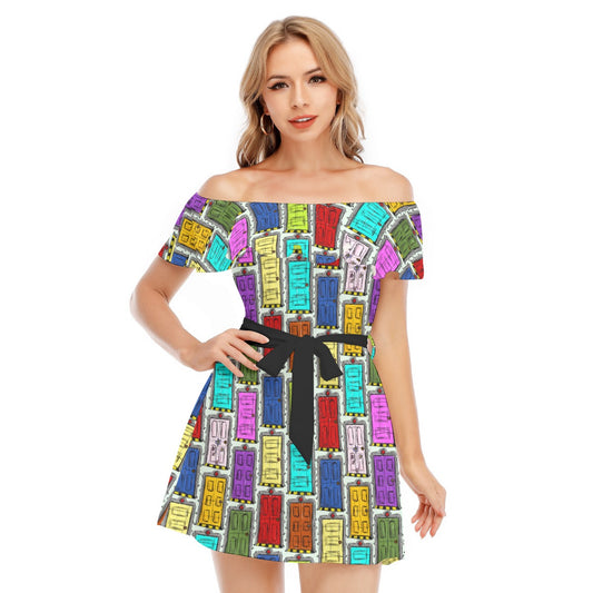 Sketchy Scare Doors - Women's Off-shoulder Ruffle Dress