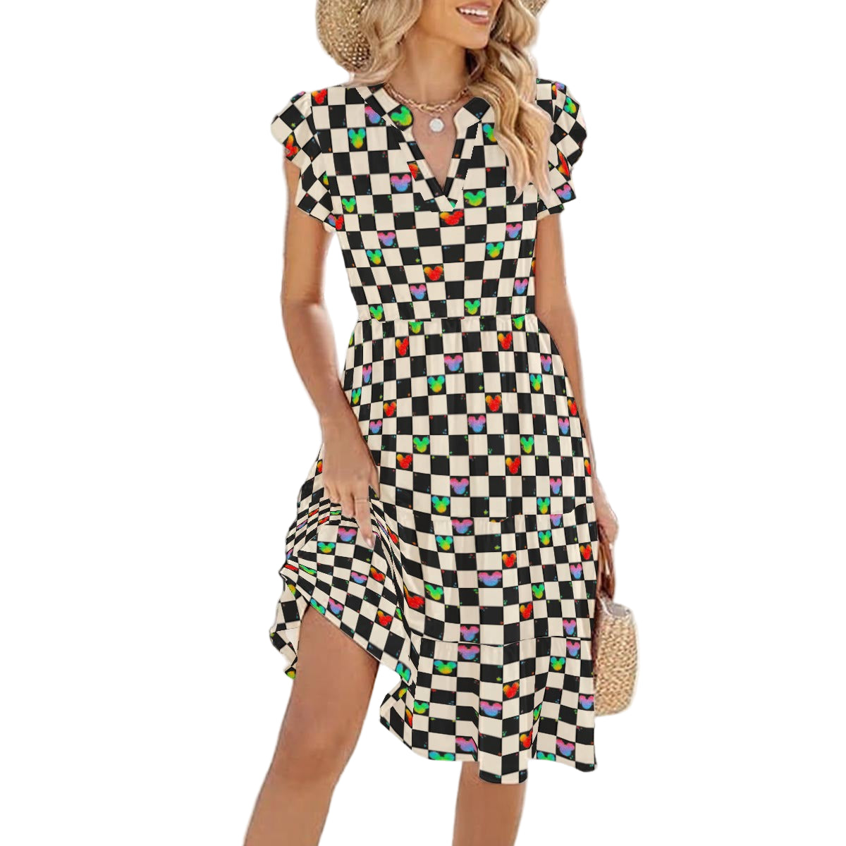 Rainbow Checker Mouse Ears - Women's Tiered Pocket Midi Dress