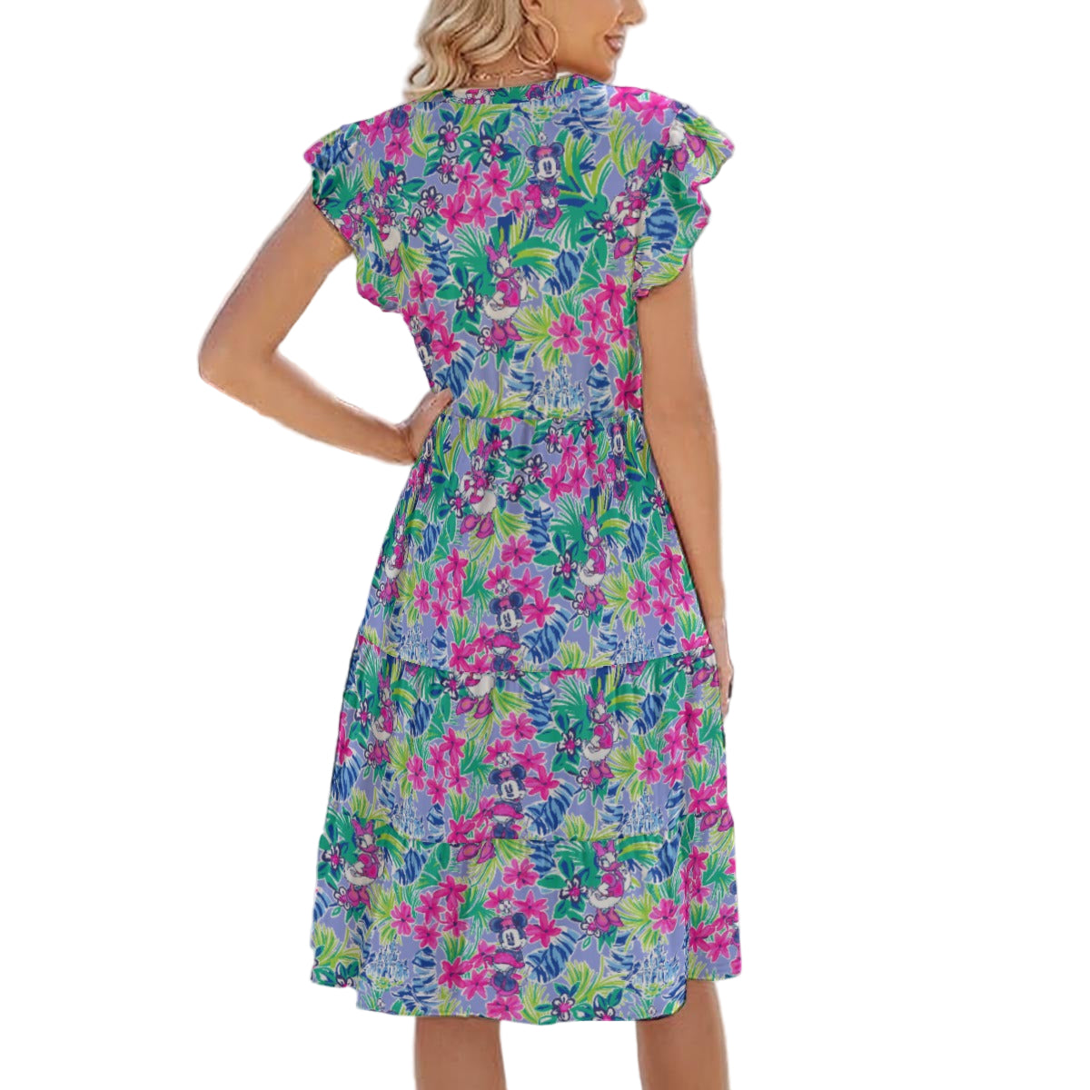 Bright Tropical Bliss - Island Mouse Duo - Women's Tiered Pocket Midi Dress