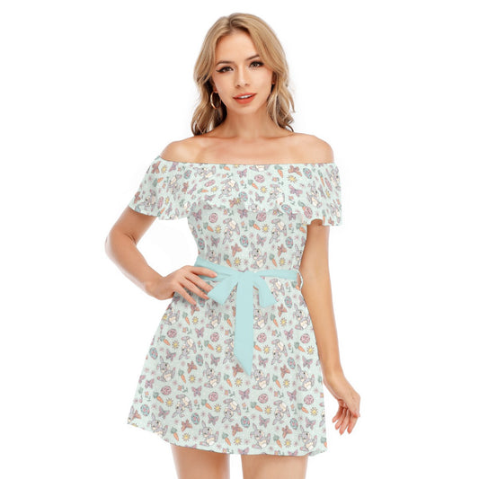 Springtime Bunny Cheer - Women's Off-shoulder Ruffle Dress