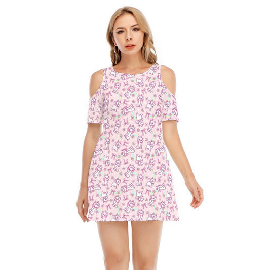 Rainbow Bow Kitty - Women's Cold Shoulder Cotton Dress