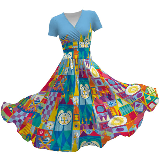 Whimsical World Facade - Women's V-Neck Ruched Midi Dress