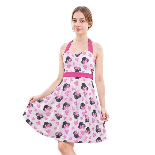 Watercolor Pink Bow Mouse Ears - Women's Halter Vintage Pocket Dress