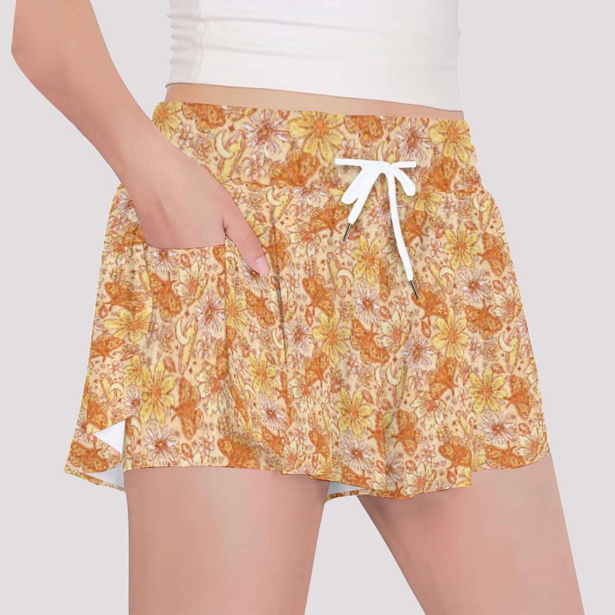 Orange Crystal Moths - Girls’ Flowy Pocket Shorts