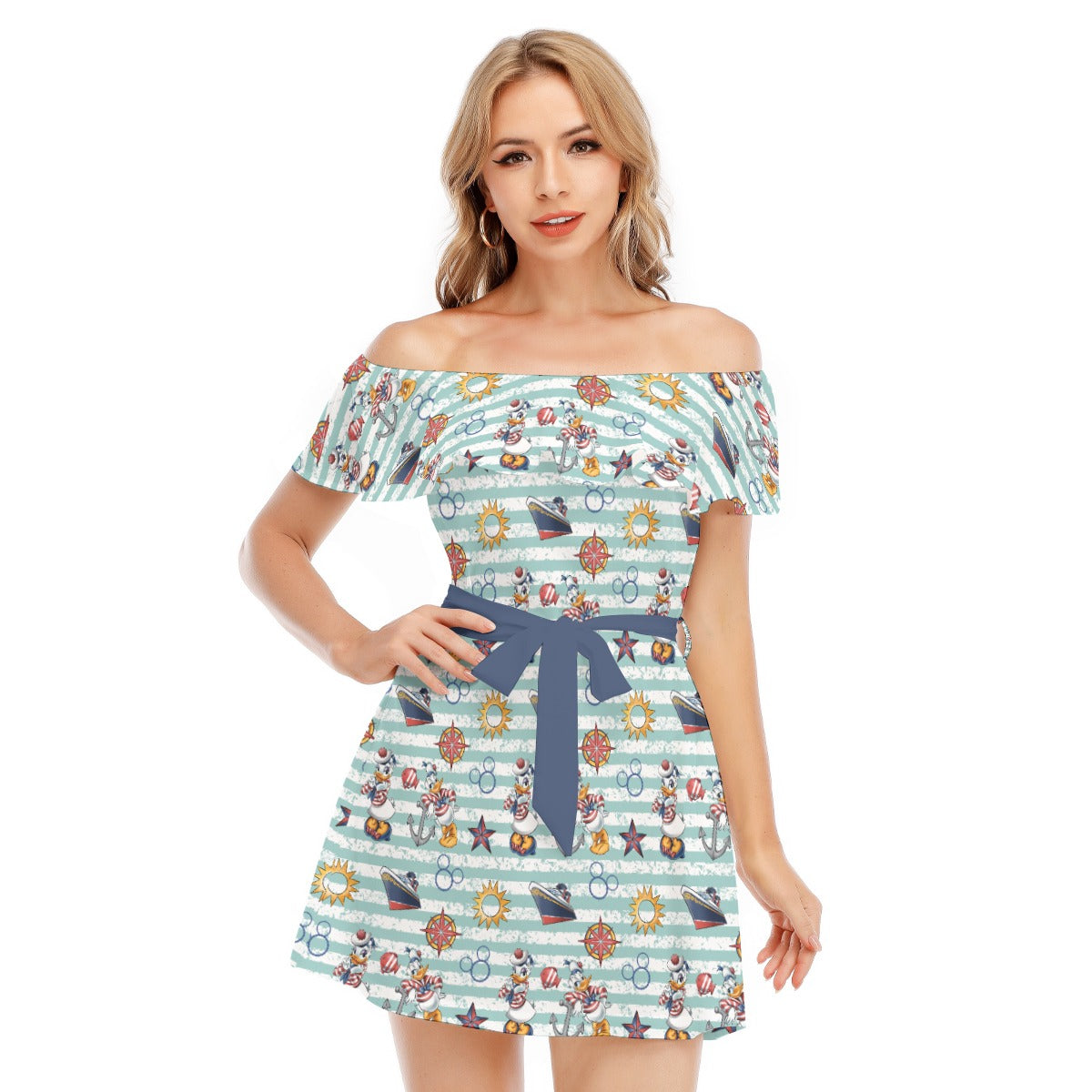 Sailor Duo on Deck - Women's Off-shoulder Ruffle Dress