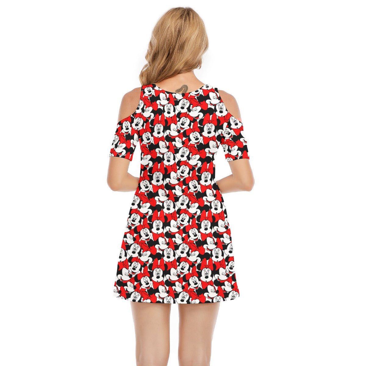 Many Faces of Polka Dot Mouse - Women's Cold Shoulder Cotton Dress