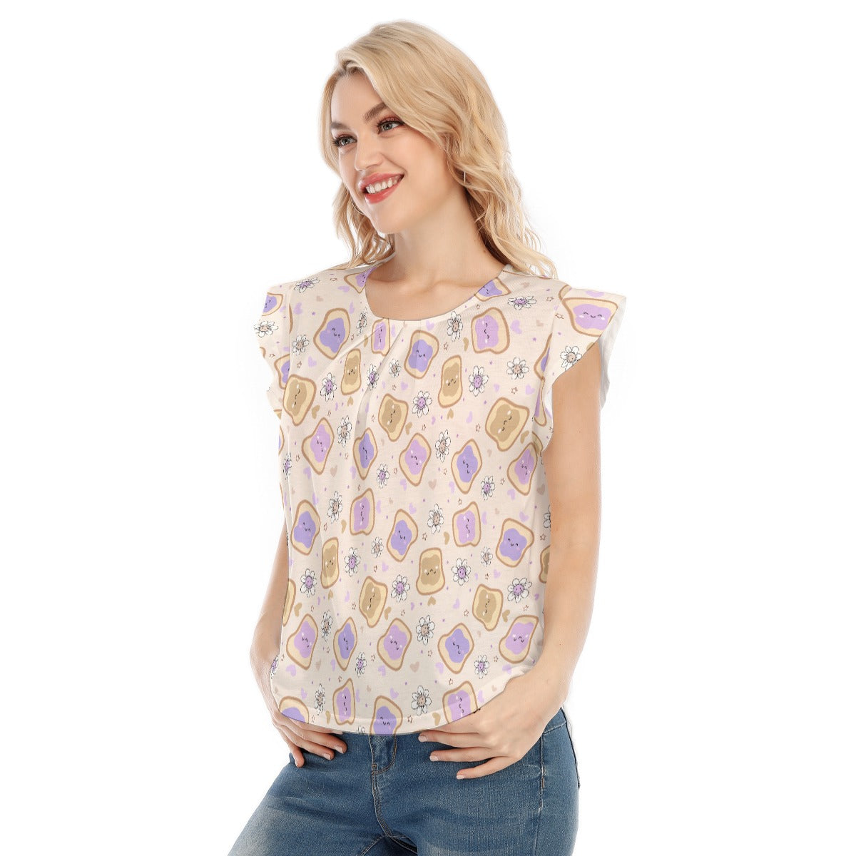 Kawaii Peanut Butter and Jelly Sandwiches - Women’s Flutter Sleeve Top