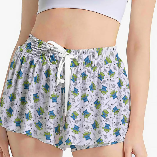 Playful Green Aliens on White - Women's Flowy Pocket Shorts