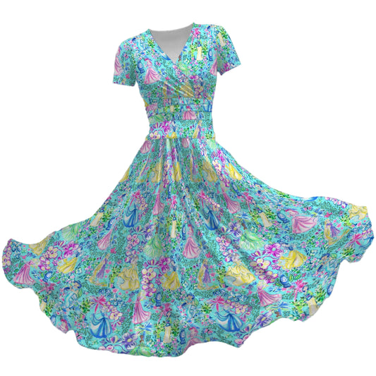 Bright Tropical Princess - Royal Garden Mashup - Women's V-Neck Ruched Midi Dress
