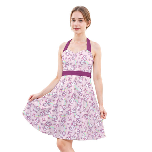Rainbow Bow Kitty - Women's Halter Vintage Pocket Dress