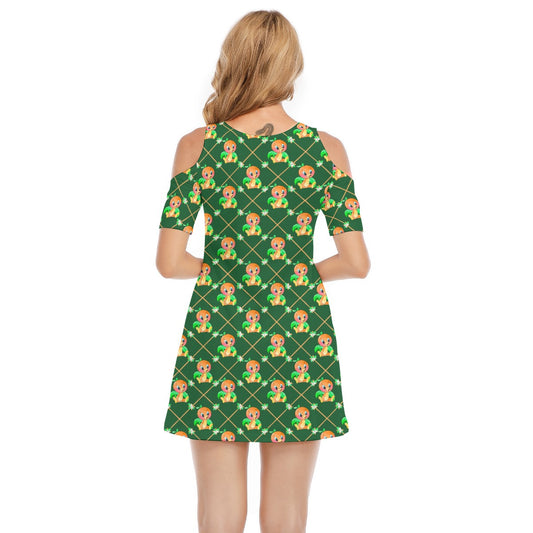 Geometric Citrus Delight - Women's Cold Shoulder Cotton Dress