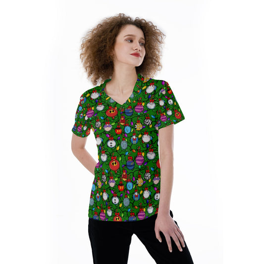 Festive Character Baubles on Green - Women's Short Sleeve V-Neck T-Shirt