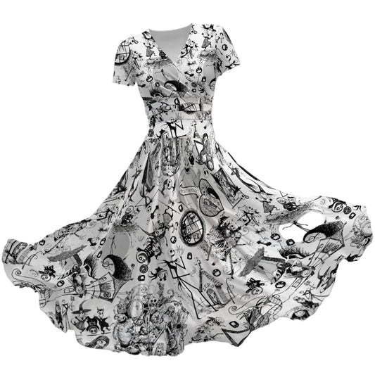 Nightmare Halloween Sketches - Women's V-Neck Ruched Midi Dress
