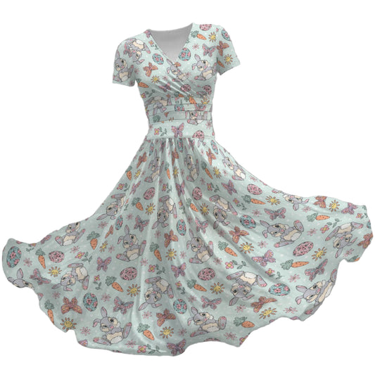 Springtime Bunny Cheer - Women's V-Neck Ruched Midi Dress