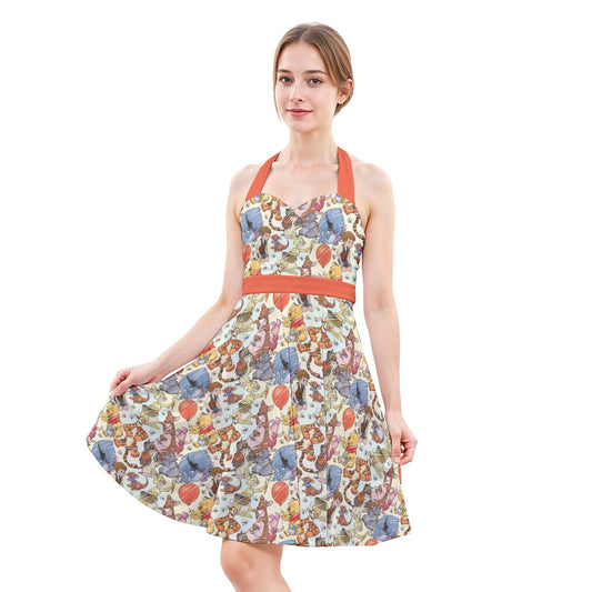 Woodland Friends Sketchched - Women's Halter Vintage Pocket Dress