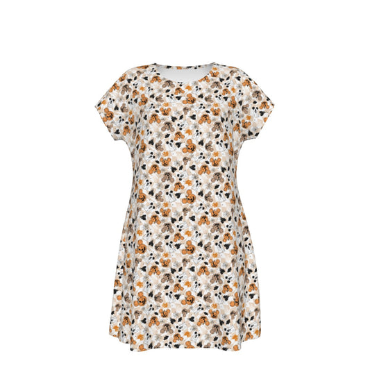 Checkered Halloween Ghosts & Pumpkins - Women's T-Shirt Dress