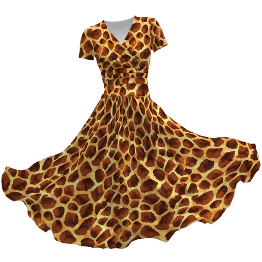 Animal Print - Giraffe - Women's V-Neck Ruched Midi Dress
