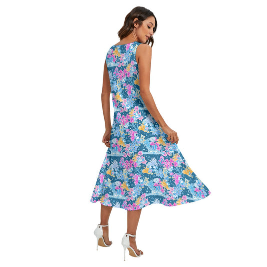 Bright Tropical Whimsy - Steamboat Mickey - Women’s Diagonal Pocket Midi Dress