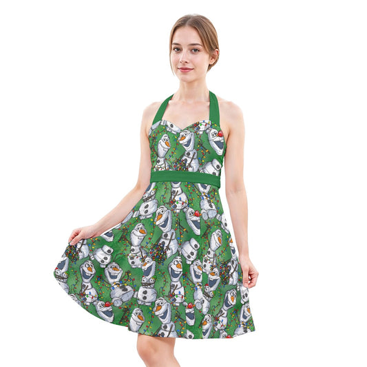 Sketched Snowman Christmas - Women's Halter Vintage Pocket Dress