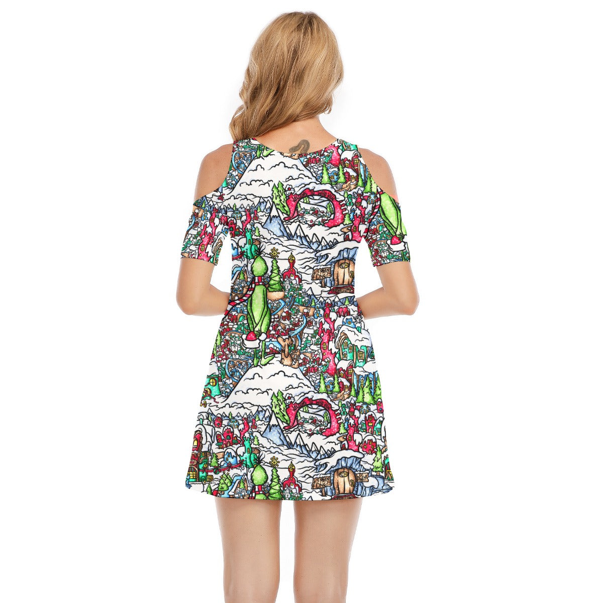 Whimsical Village Winter Wonderland - Women's Cold Shoulder Cotton Dress