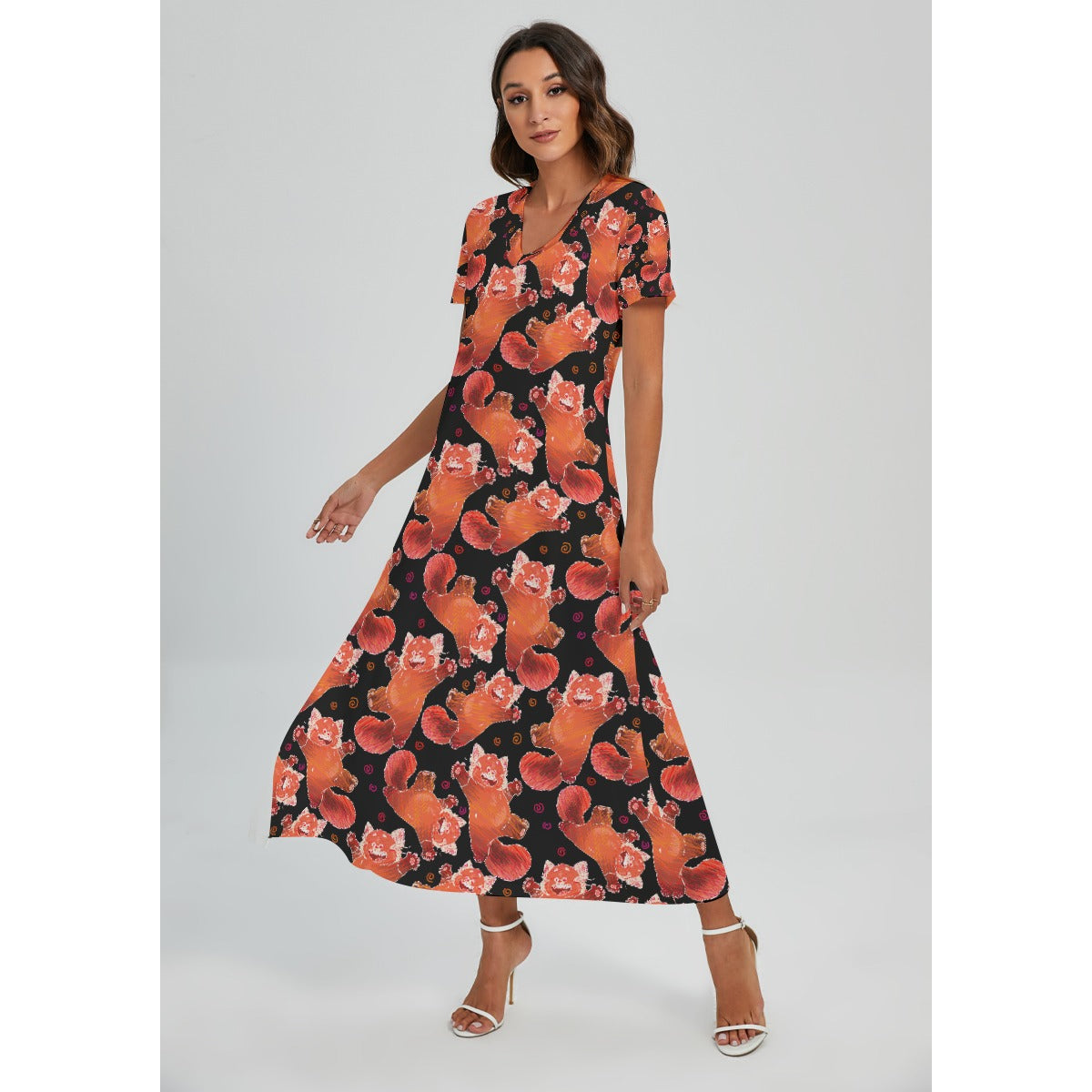 Scribbly Red Panda - Women's V-Neck Side Split Maxi Dress