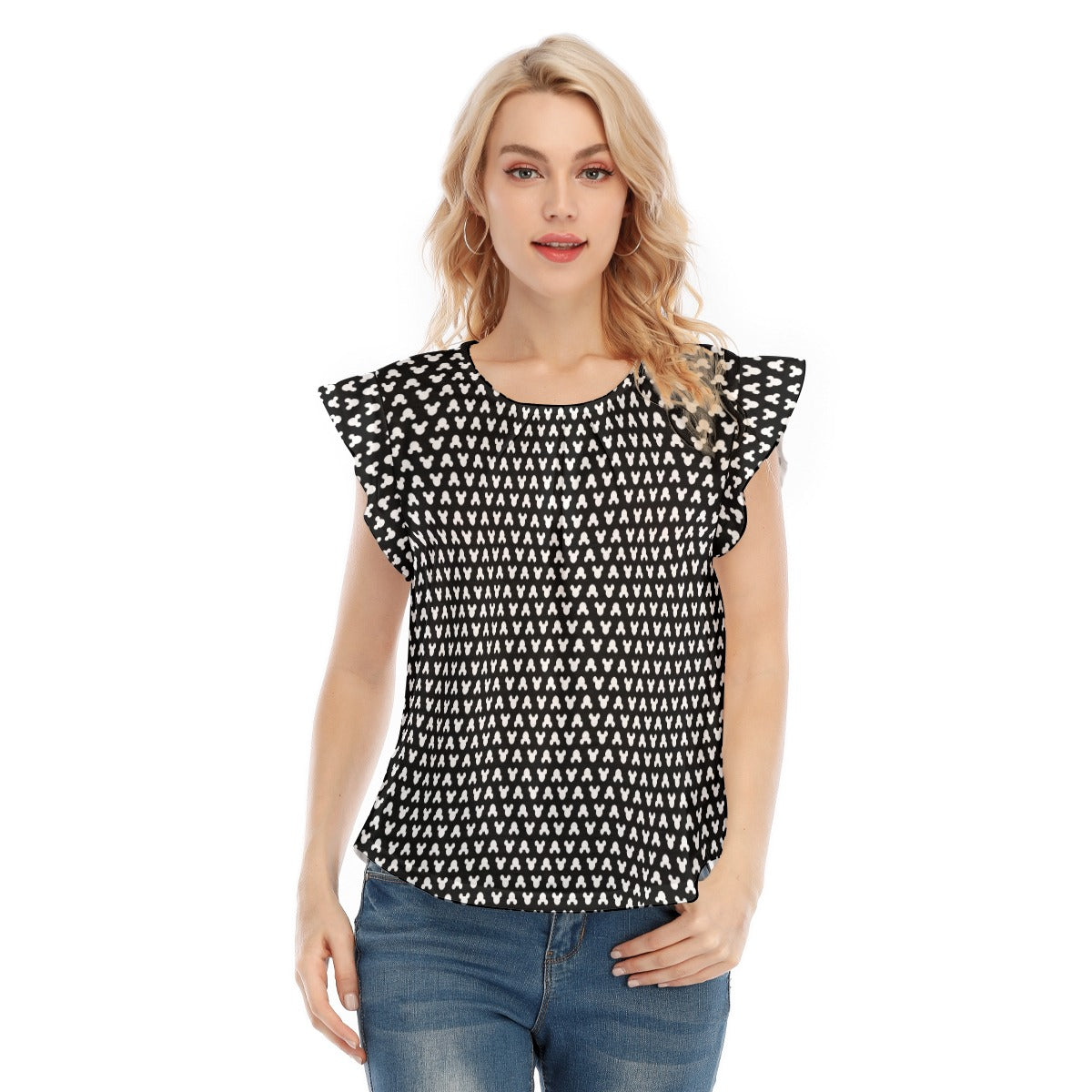 Playful Polka Dot Ears Black - Women’s Flutter Sleeve Top