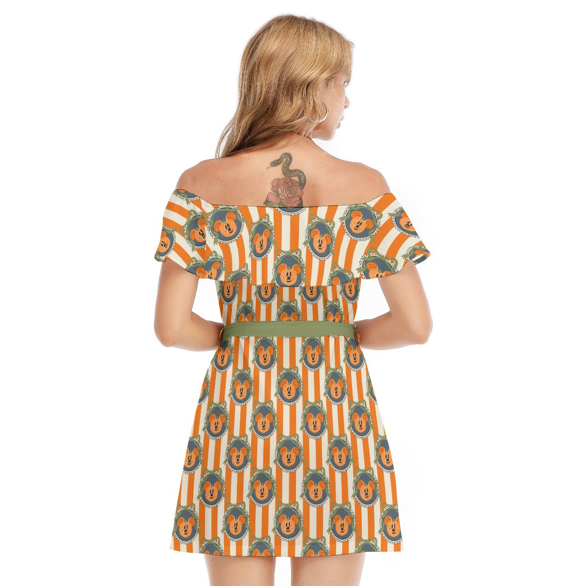 Pumpkin Cameo Stripes - Women's Off-shoulder Ruffle Dress