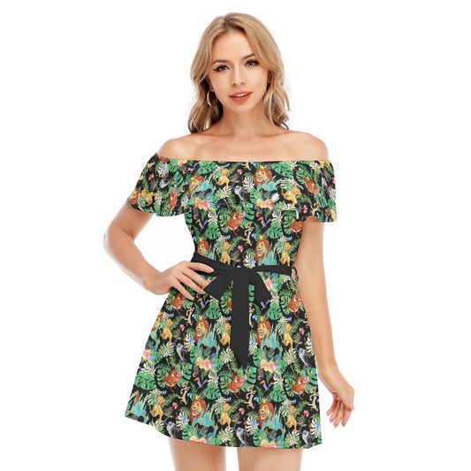 Watercolor Jungle Pride - Women's Off-shoulder Ruffle Dress