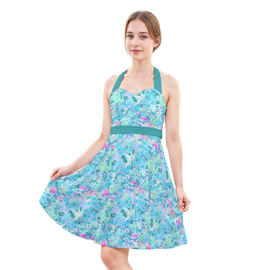 Bright Floral Flight - Neverland Adventure - Women's Halter Vintage Pocket Dress