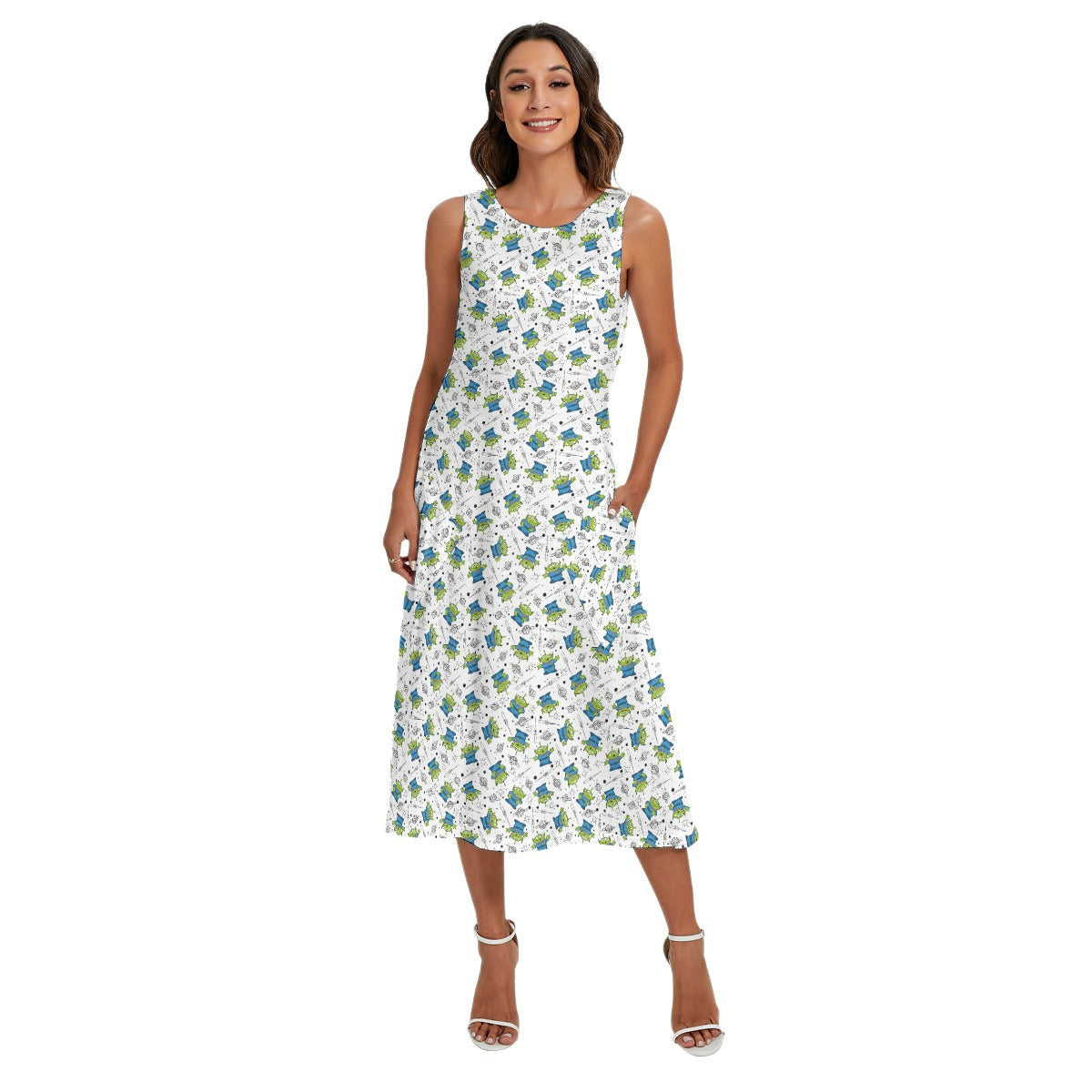 Little Green Aliens on White - Women’s Diagonal Pocket Midi Dress