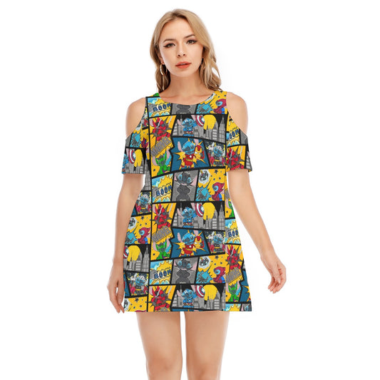 Superhero Stitch - Comic Action - Women's Cold Shoulder Cotton Dress