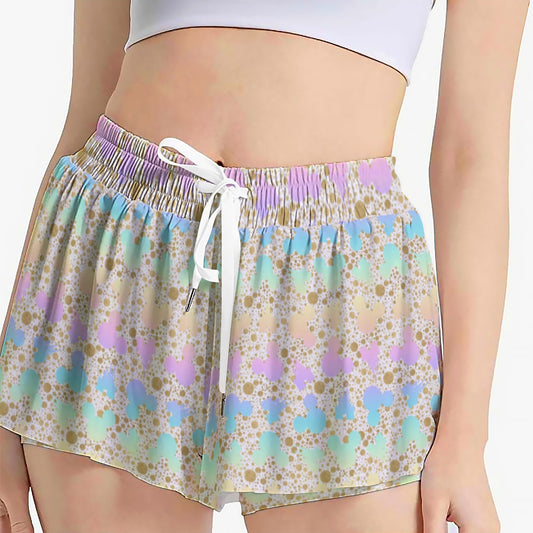 Gold Dot Rainbow Mouse Ears Castle - Women's Flowy Pocket Shorts