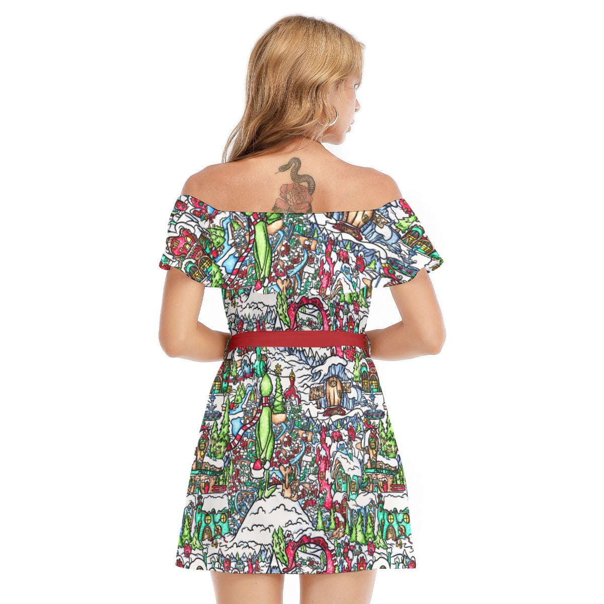 Whimsical Village Winter Wonderland - Women's Off-shoulder Ruffle Dress