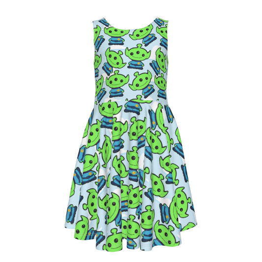Little Green Space Aliens- Kid's Sleeveless Skater Dress