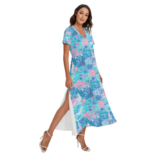 Ice Queen Frosted Florals - Women's V-Neck Side Split Maxi Dress