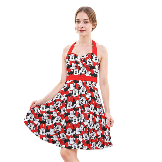 Many Faces of Polka Dot Mouse - Women's Halter Vintage Pocket Dress