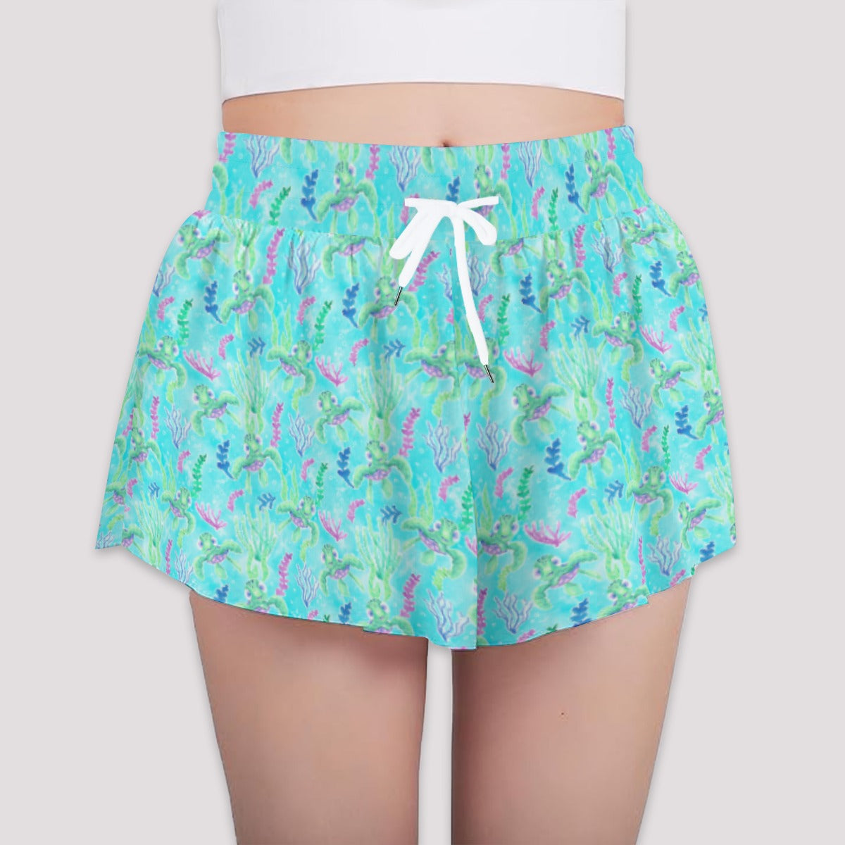 Neon Floral Baby Turtle - Girls’ Flowy Pocket Shorts