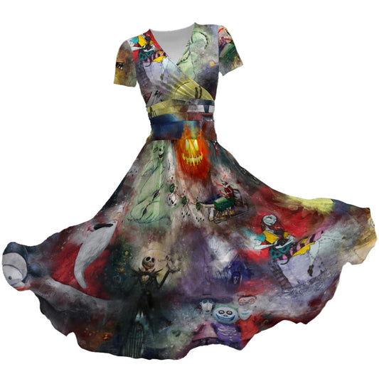 Watercolor Nightmare Town - Women's V-Neck Ruched Midi Dress