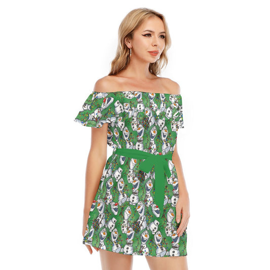 Sketched Snowman Christmas - Women's Off-shoulder Ruffle Dress