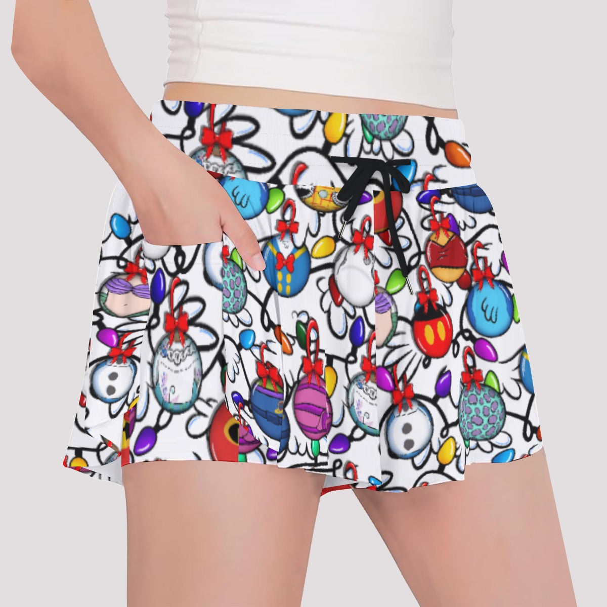 Festive Character Baubles on White - Girls’ Flowy Pocket Shorts