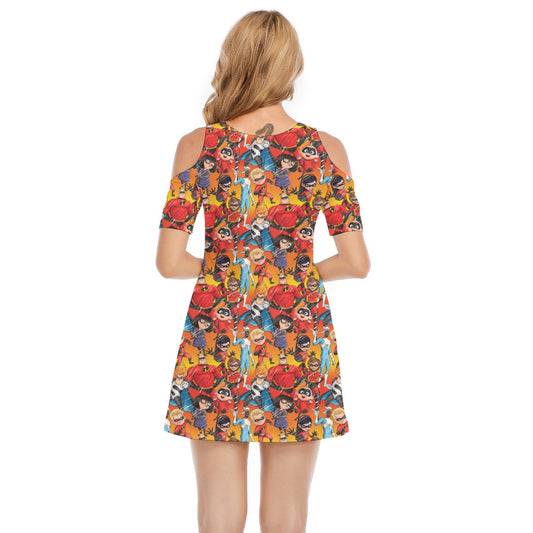 Super Squad Sketched - Women's Cold Shoulder Cotton Dress